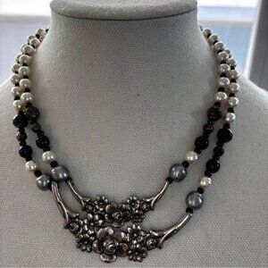 Vintage-Style Double Strand Pearl & Black Bead Necklace With Floral Silver Penda